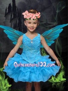 2014 Aqua Blue V-neck Mini-length Little Girl Dress with Beading and Ruffles