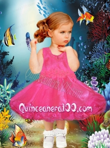 A-Line Scoop Tea-length Appliques and Ruffles Hot Pink Little Girl Dress for 2014