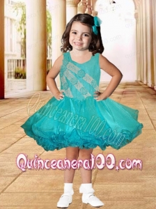 Appliques and Ruffles Mini-length A-Line Square Popular Little Girl Dress in Turquoise