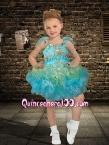 Fashionable Ball Gown Scoop Mini-length Beading Ruffles Blue Little Girl Dress