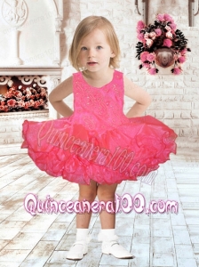 Scoop Short Mini-length Beading and Ruffles Little Girl Dress in Watermelon Red