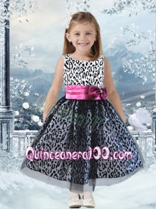 Exquisite A-Line Scoop Leopard Bowknot Black Little Girl Dress with Ankle-length