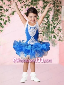 Luxurious Ball Gown Halter Mini-length Appliques Beading Blue Little Girl Dress
