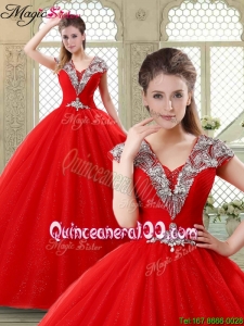 Fall Exquisite Ball Gown Beading Sweet 16 Dresses with V Neck