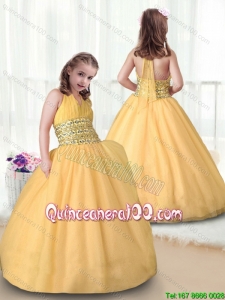 2016 Beautiful Ball Gown Halter Top Little Girl Pageant Dresses in Gold