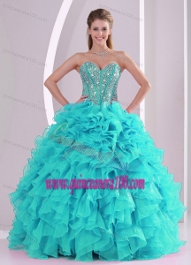 Elegant Aqua Blue Ball Gown Sweetheart Ruffles and Beaded Decorate Quinceanera Gowns in Sweet 16