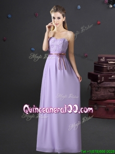 Exquisite Belted and Applique Laced Long Dama Dress in Lavender