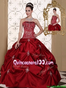 Traditional Pick Ups Strapless Quinceanera Gowns in Wine Red