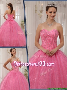 Traditional Sweetheart Beading Pink Quinceanera Gowns for 2016