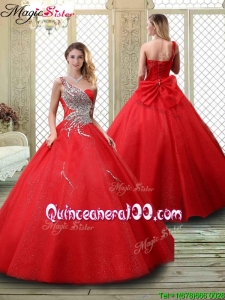 Classical One Shoulder Quinceanera Dresses with Beading in Red