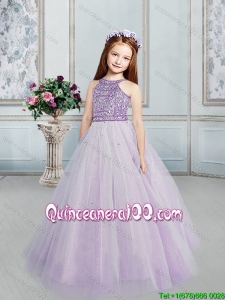 Designer Tulle Lilac Scoop Flower Girl Dress with Beaded Bodice