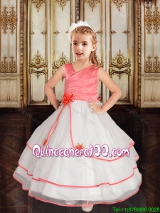 Fashionable White and Watermelon Flower Girl Dress with Hand Crafted Flowers