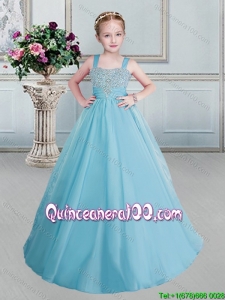 Most Popular Straps Beaded Organza Flower Girl Dress in Aqua Blue