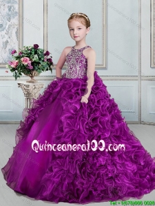 Cheap Beaded Bodice and Ruffled Brush Train Little Girl Pageant Dress in Eggplant Purple
