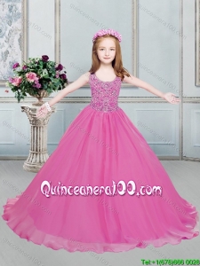 Modest Beaded Bodice Hot Pink Little Girl Pageant Dress with Brush Train
