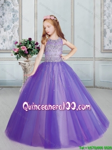 Simple Tulle Scoop Purple Little Girl Pageant Dress with Beading