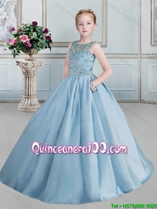 Classical Beaded Scoop Blue Little Girl Pageant Dress in Taffeta