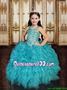 Classical Straps Beaded and Ruffled Teal Little Girl Pageant Dress