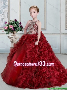 Elegant Brush Train Wine Red Little Girl Pageant Dress with Beaded Bodice and Ruffles