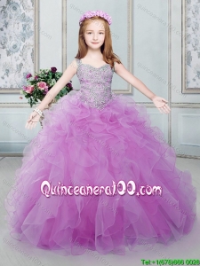 Latest Beaded Decorated Straps and Bodice Ruffled Little Girl Pageant Dress in Lilac