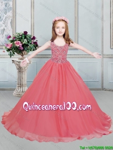 Wonderful Beaded Bodice Brush Train Little Girl Pageant Dress in Watermelon Red