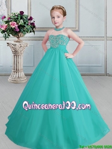 Beautiful See Through Turquoise Little Girl Pageant Dress with Beaded Decorated Halter Top