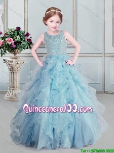 Best Light Blue Zipper Up Little Girl Pageant Dress in Organza and Tulle