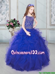 Gorgeous See Through Scoop Tulle Little Girl Pageant Dress in Royal Blue