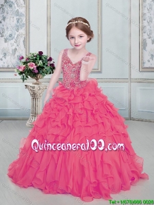 Luxurious V Neck Lace Up Little Girl Pageant Dress with Beaded Bodice