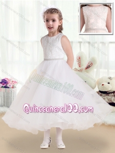 Fashionable Scoop Tea Length Flower Girl Dresses with Lace