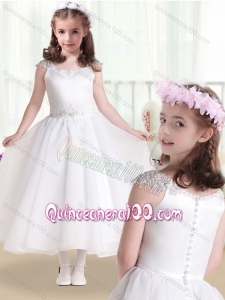 Latest Cap Sleeves Flower Girl Dresses with Beading and Appliques