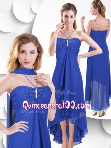 2016 Simple Spaghetti Straps High Low Blue Cheap Dama Dresses with Beading