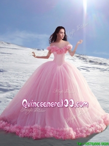 Beautiful Off the Shoulder Cap Sleeves Tulle Quinceanera Dresses with Hand Made Flowers