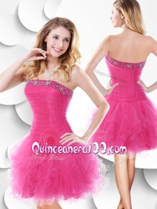 Luxurious Strapless Hot Pink Dama Dresses with Beading and Ruffles
