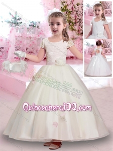 Latest Scoop Short Sleeves Belted Flower Girl Dress in Lace and Tulle