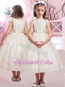 Modern Hand Made Flower and Belted Flower Girl Dress with Bateau
