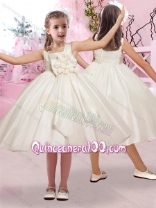 Simple Hand Crafted Flower Square Flower Girl Dress in Taffeta