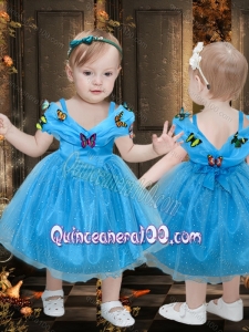Beautiful Off the Shoulder Tea Length Little Girl Dress with Colorful Butterfly