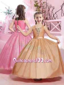 Beautiful Straps Beaded and Belted Champagne Little Girl Pageant Dresses with Ankle Length