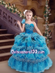 Elegant One Shoulder Applique and Ruffled Little Girl Pageant Dress in Blue