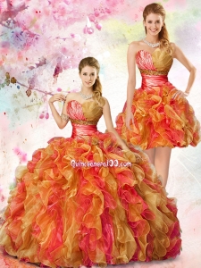 2015 Fashionable Pink and Gold Quinceanera Dress with Beading and Ruffles