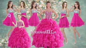 Pretty Hot Pink Beaded and Ruffled Quinceanera Dress and Short Sequined Dama Dresses and Strapless Mini Quinceanera Dress