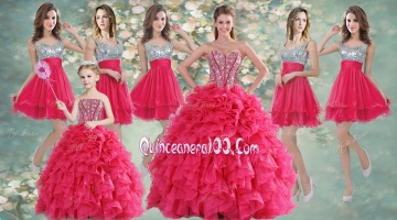 Visible Boning Coral Red Quinceanera Dress and Short Sequined Dama Dresses and Beaded and Ruffled Mini Quinceanera Dress