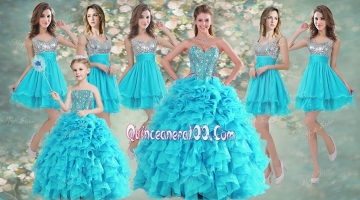 Visible Boning Aqua Blue Quinceanera Dress and Sequined Short Dama Dresses Beaded and Ruffled Mini Quinceanera Dress