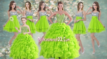 Visible Boning Yellow Green Quinceanera Gown and Sequined Short Dama Dresses and Beaded and Ruffled Mini Quinceanera Dress
