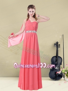One Shoulder Beaded Long Dama Dress with Ruches