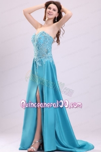 Sweetheart Empire Teal Sweep Train Mother of the Dresses with White Embroidery