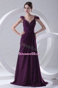 Empire Purple Ruching Straps Cap Sleeves Mother of the Dress