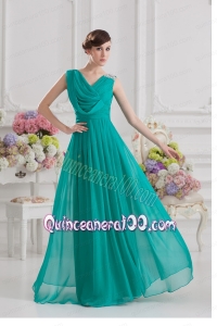 V-neck Empire Turquoise Chiffon Mother of the Dress with Ruching and Beading