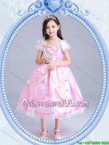 Halloween Best Zipper Up Baby Pink Little Girl Pageant Dress with Short Sleeves